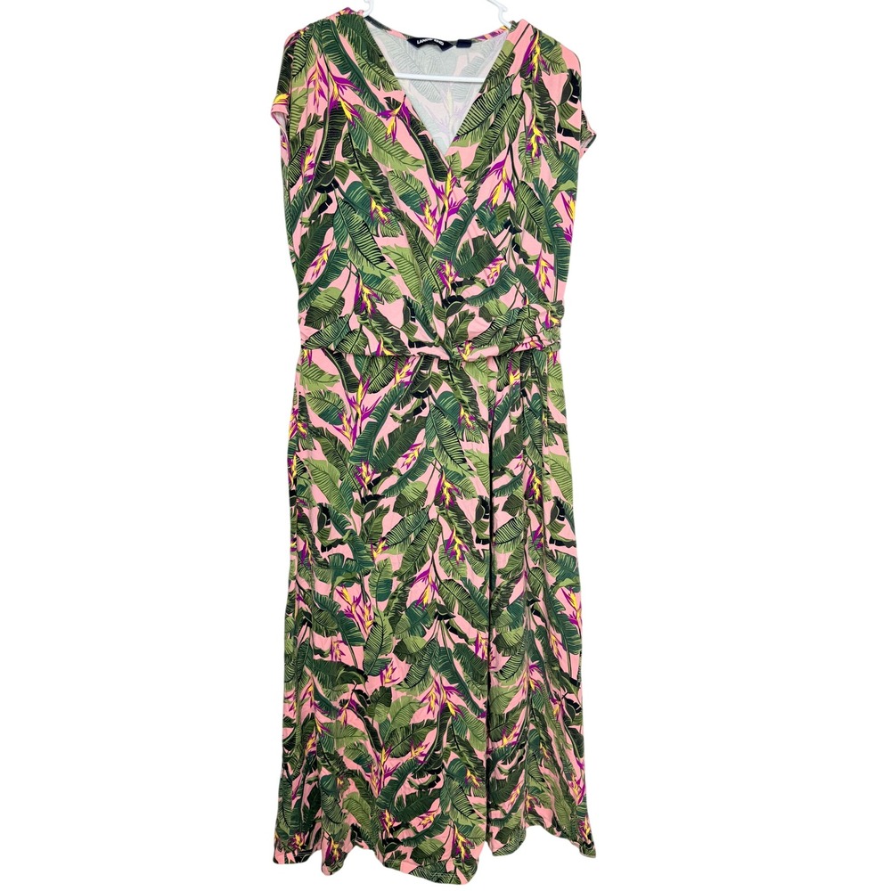 Lands' End Women Tropical Palm Leaf Maxi Dress L 14-16 Pink Green Pima Cotton